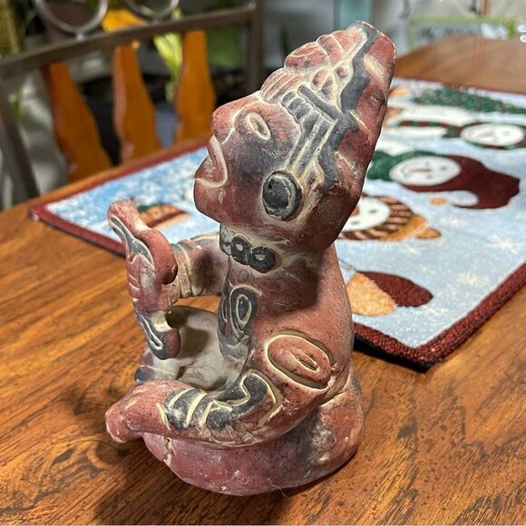 Mexican Folk Art Clay Terracotta Pottery Aztec Mayan Seated Tribal Figure 5 1/4” - Picture 2 of 5